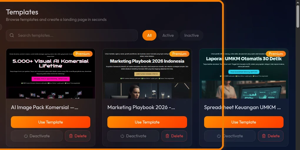halaman template library dengan tab "My Templates" aktif