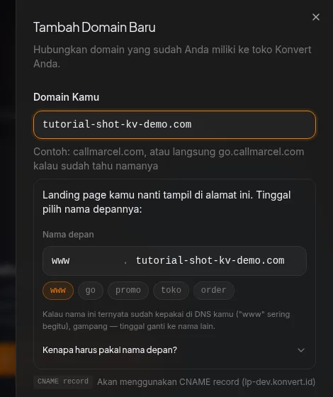 Sheet Tambah Domain Baru dengan field nama depan — chip www/go/promo/toko/order dan preview alamat lengkap