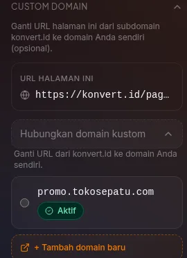 Section Custom Domain di tab Pengaturan builder — field URL Halaman Ini dan daftar domain Aktif untuk dipilih