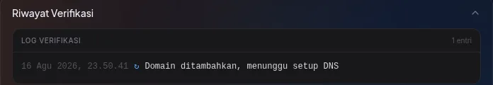 Accordion Riwayat Verifikasi terbuka menampilkan log dengan timestamp