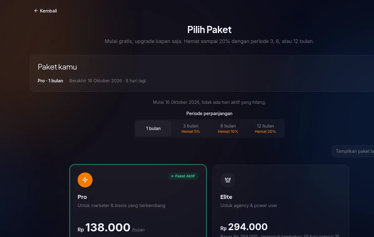 halaman plans subscriber aktif — ringkasan "Paket kamu" dengan paket · periode dan "Berakhir {tanggal} · N hari lagi"; grid "Periode perpanjangan" 1, 3, 6, 12 bulan dengan badge Hemat
