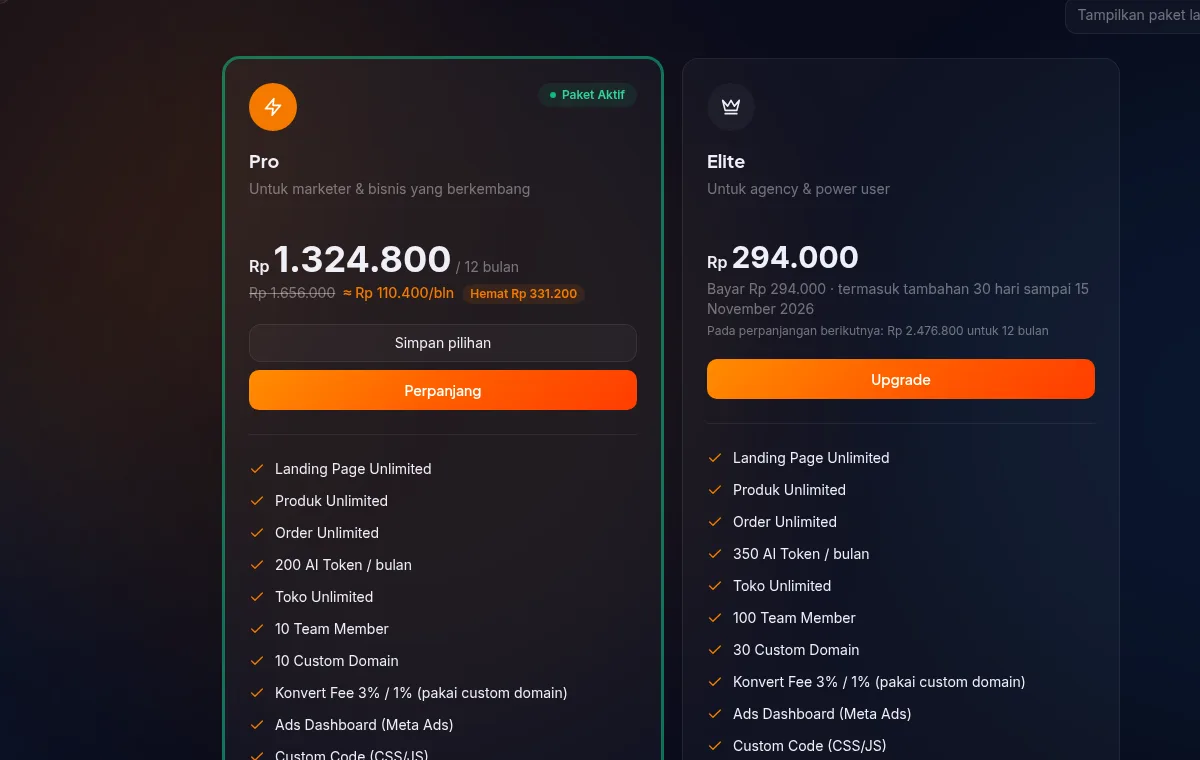 kartu paket aktif di halaman plans — harga periode pilihan, harga normal dicoret, perkiraan harga per bulan, total Hemat, tombol Simpan pilihan dan Perpanjang