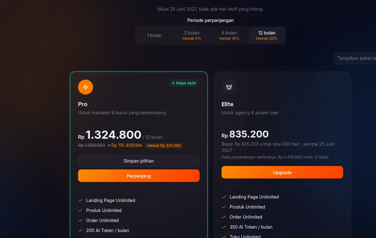 kartu paket lebih tinggi di halaman plans — tombol Upgrade, "Bayar Rp X untuk sisa N hari · sampai {tanggal}", dan "Pada perpanjangan berikutnya: Rp Y untuk Z bulan"
