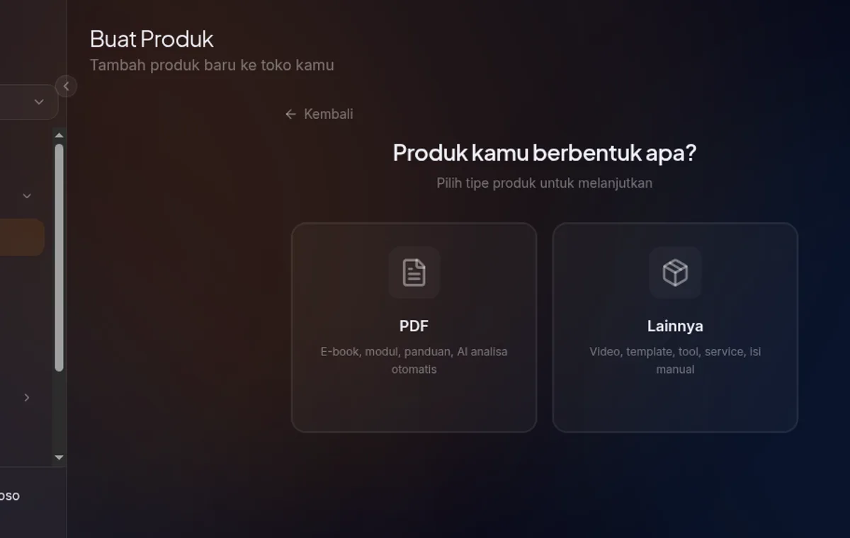 layar pemilihan tipe produk — opsi PDF dan Lainnya, deskripsi singkat