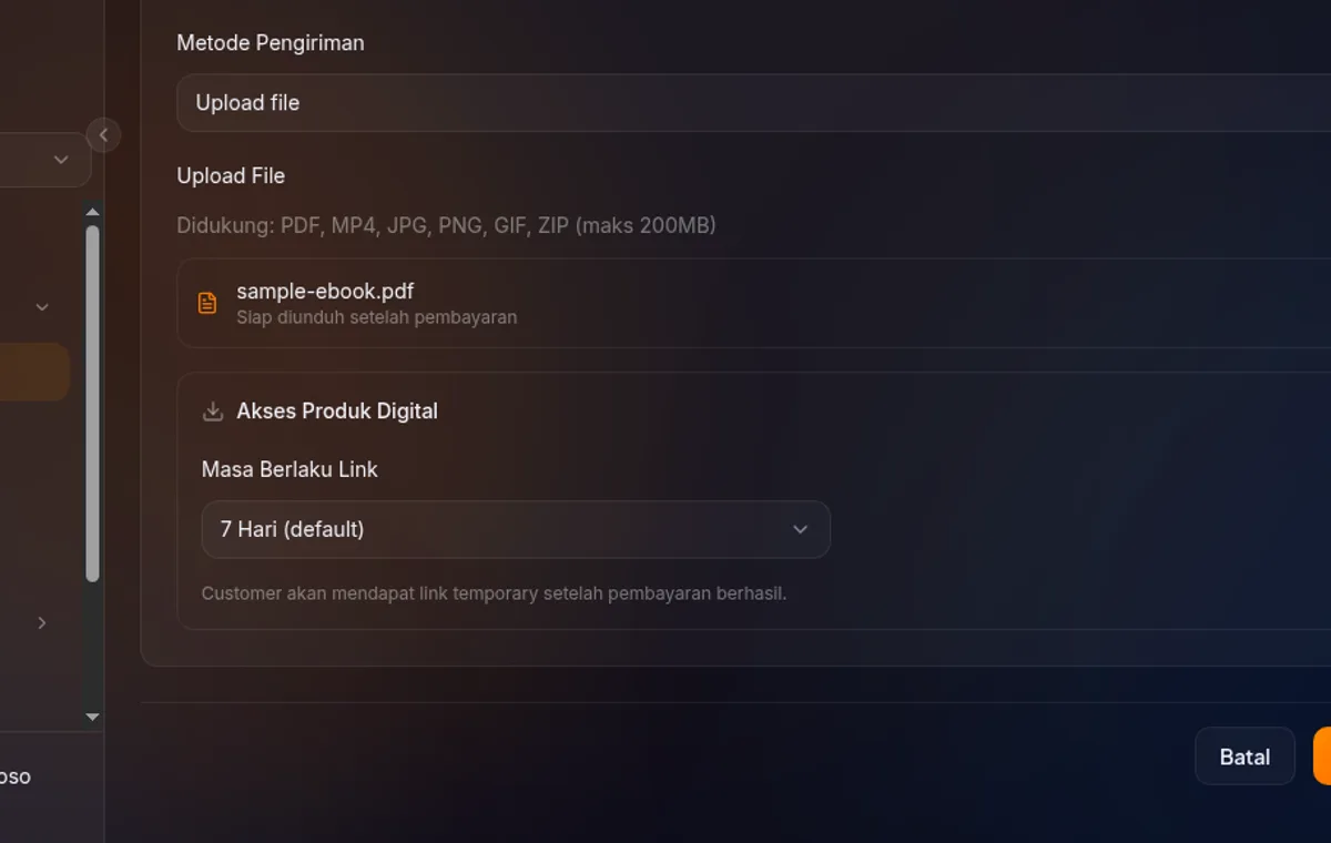 section Akses Produk Digital — dropdown Masa Berlaku Link (default 7 Hari)