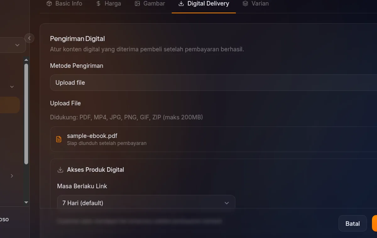 section Digital Delivery dengan Delivery Method "Upload file" dipilih, file sudah terupload menampilkan nama file dan status "Siap diunduh setelah pembayaran"