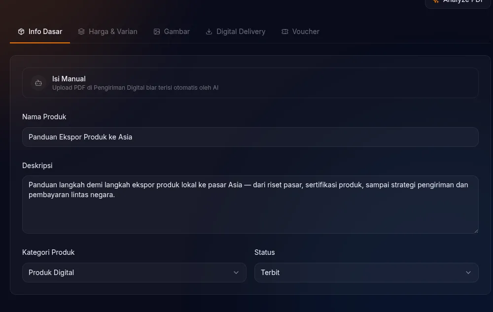 tab Info Dasar — Kategori Produk Digital dan Status Published