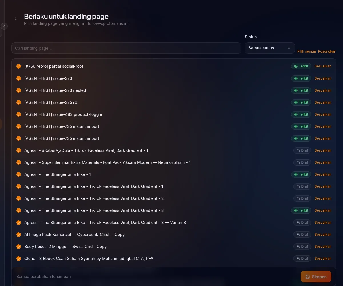 halaman Berlaku untuk landing page — checkbox, status Terbit/Draf, tombol Sesuaikan, Simpan