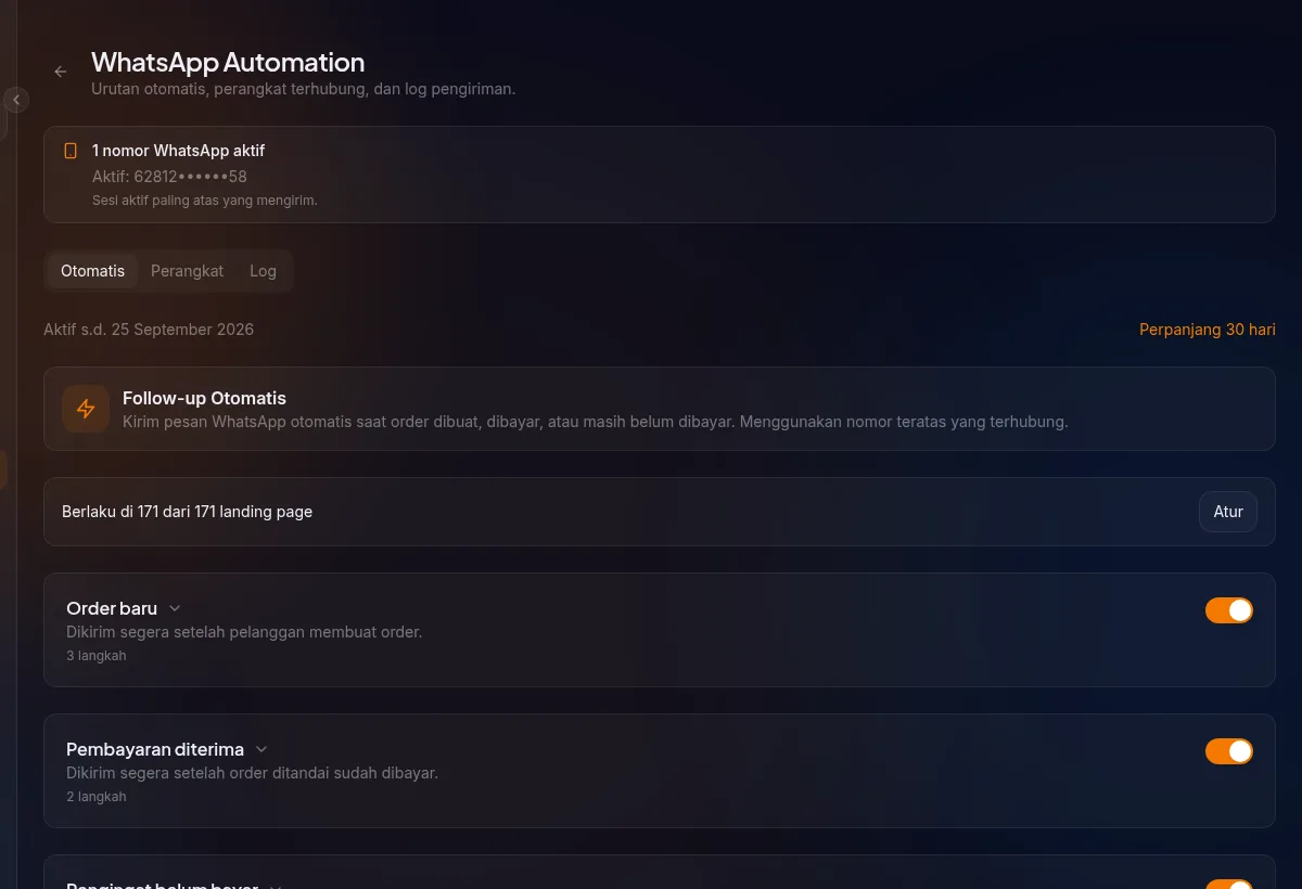 halaman WhatsApp Automation — tab Otomatis, banner nomor aktif, tiga event collapsed