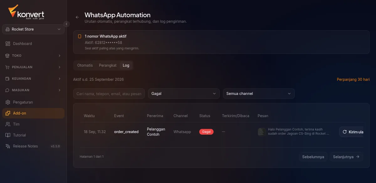 tab Log — tabel status Terkirim dan Gagal, tombol Kirim ulang di baris gagal